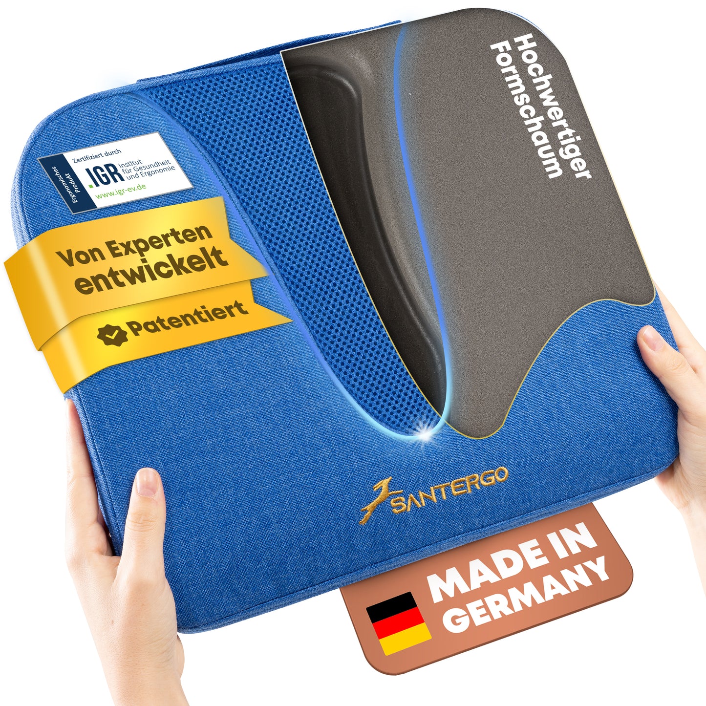 Orthopädisches REISE-Sitzkissen - PATENTIERT & FORMSTABIL | TRAVELLER | SANTERGO
