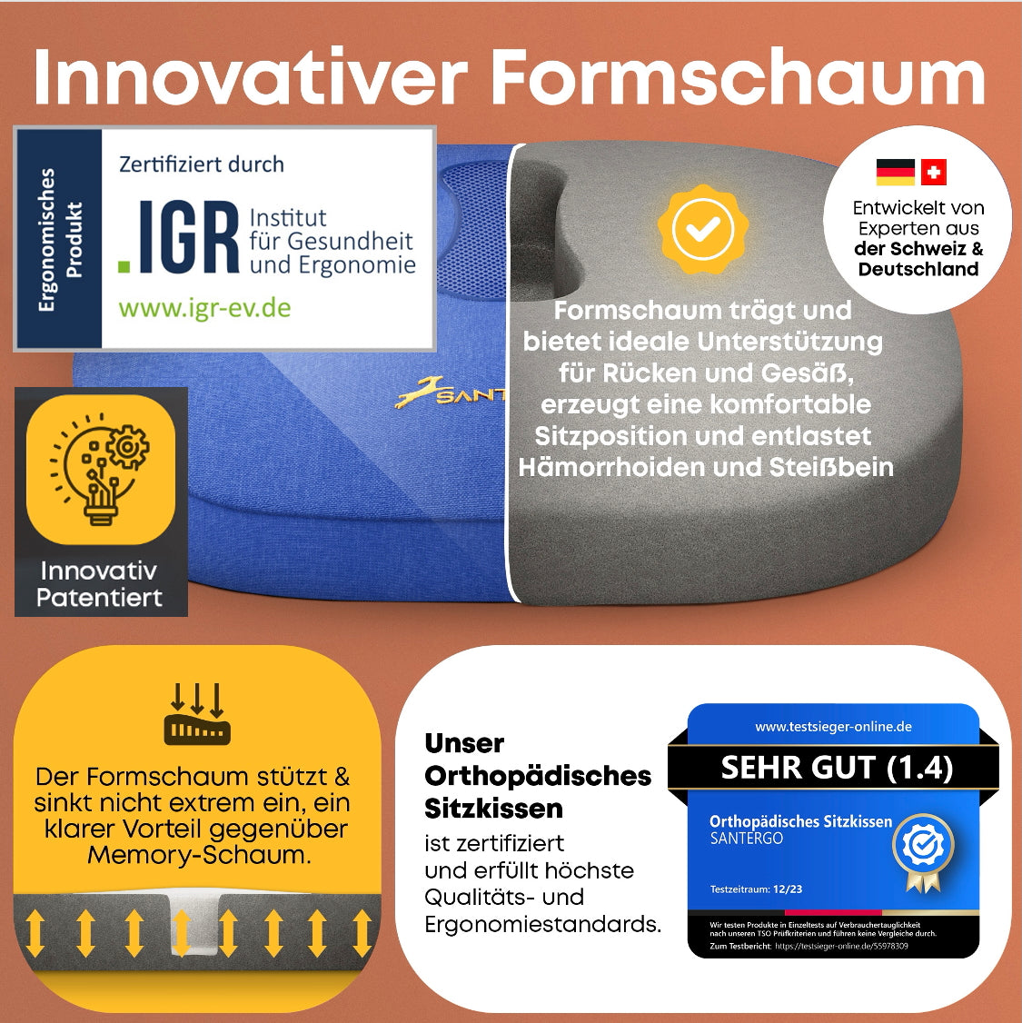 Orthopädisches PREMIUM Sitzkissen - PATENTIERT & FORMSTABIL | SANTERGO