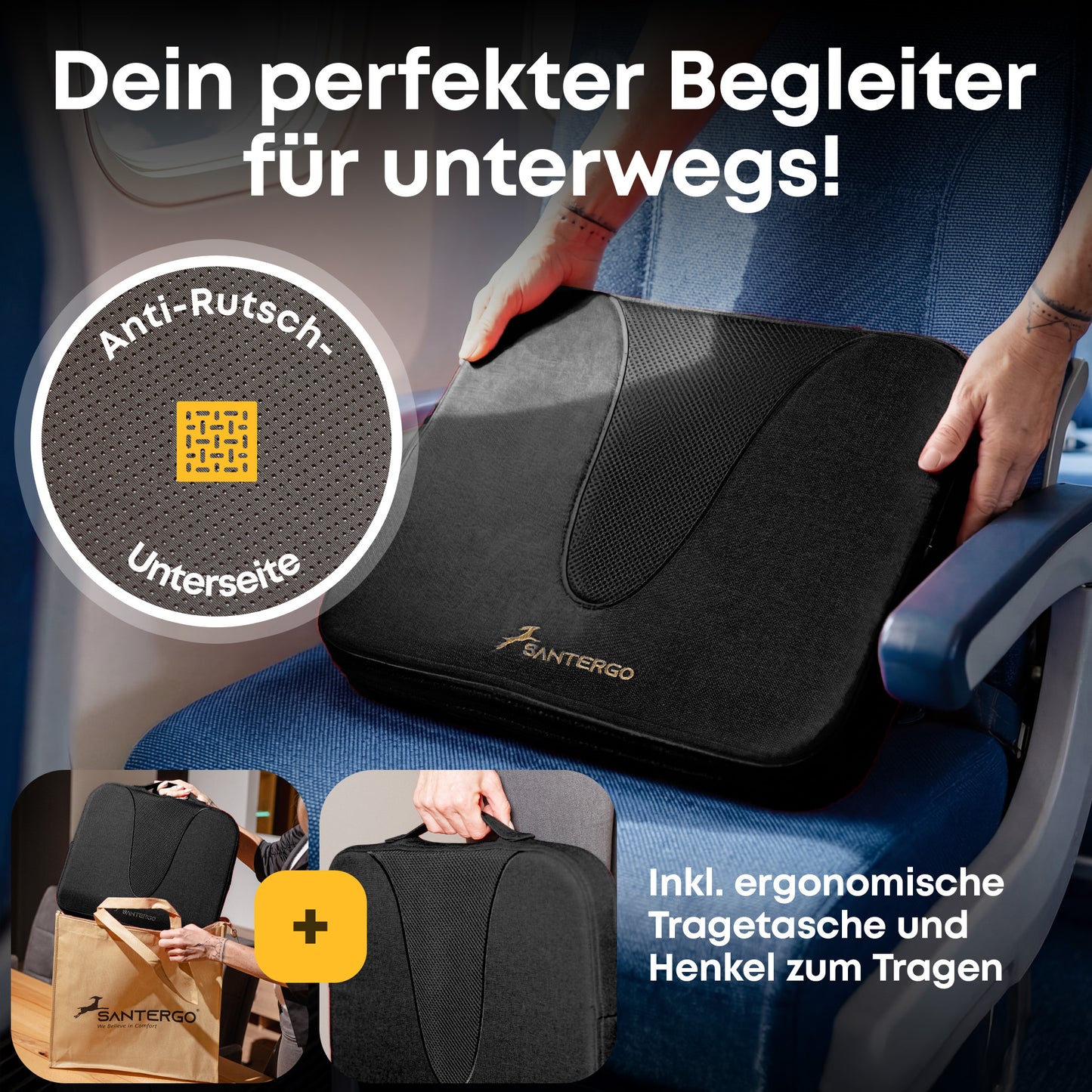 Orthopädisches REISE-Sitzkissen - PATENTIERT & FORMSTABIL | TRAVELLER | SANTERGO