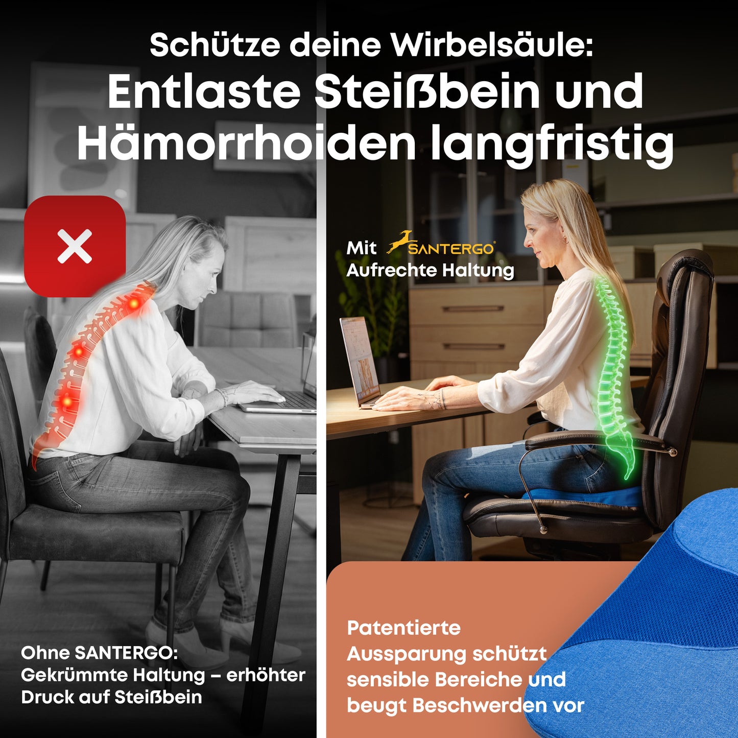 Orthopädisches REISE-Sitzkissen - PATENTIERT & FORMSTABIL | TRAVELLER | SANTERGO