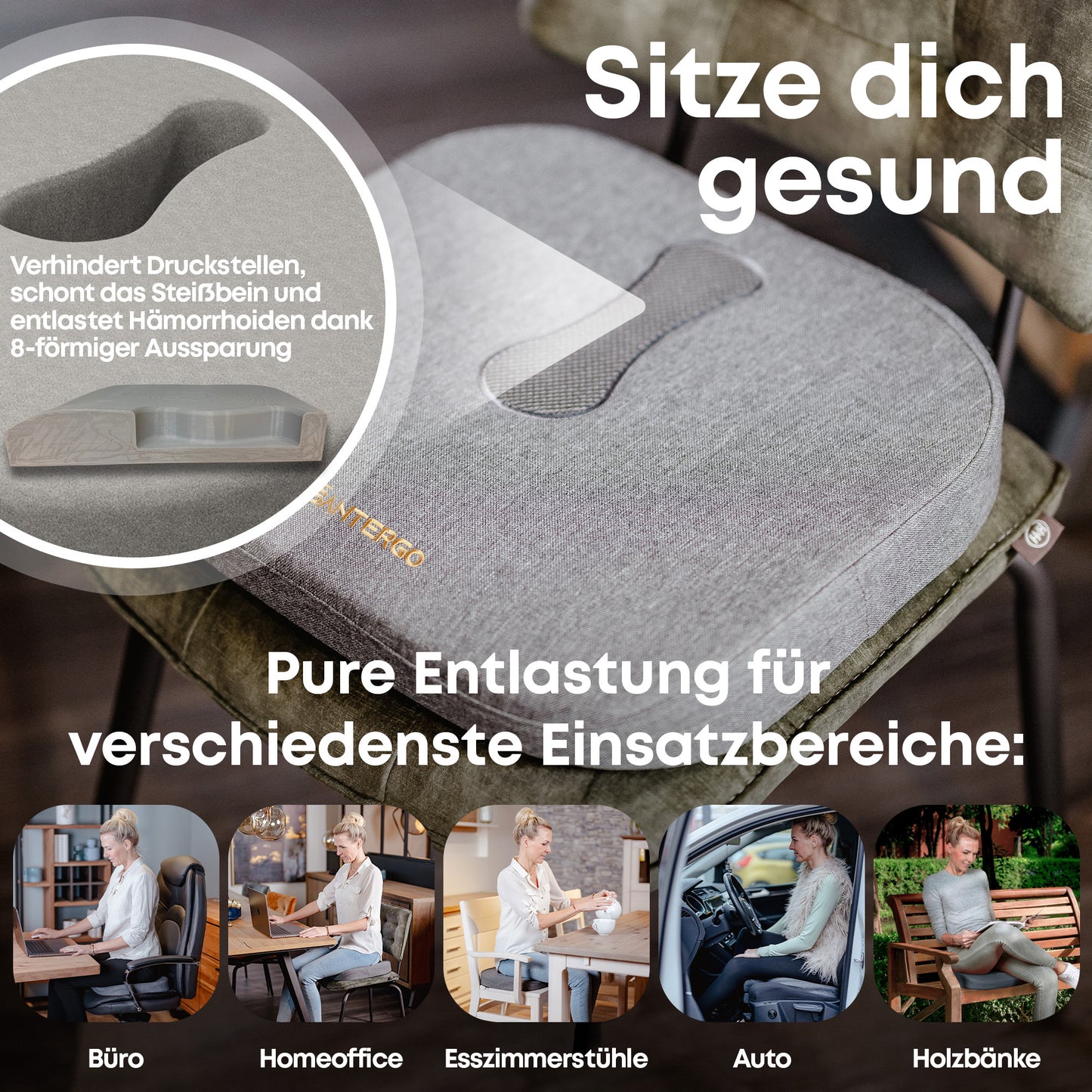 Orthopädisches PREMIUM Sitzkissen - PATENTIERT & FORMSTABIL | SANTERGO
