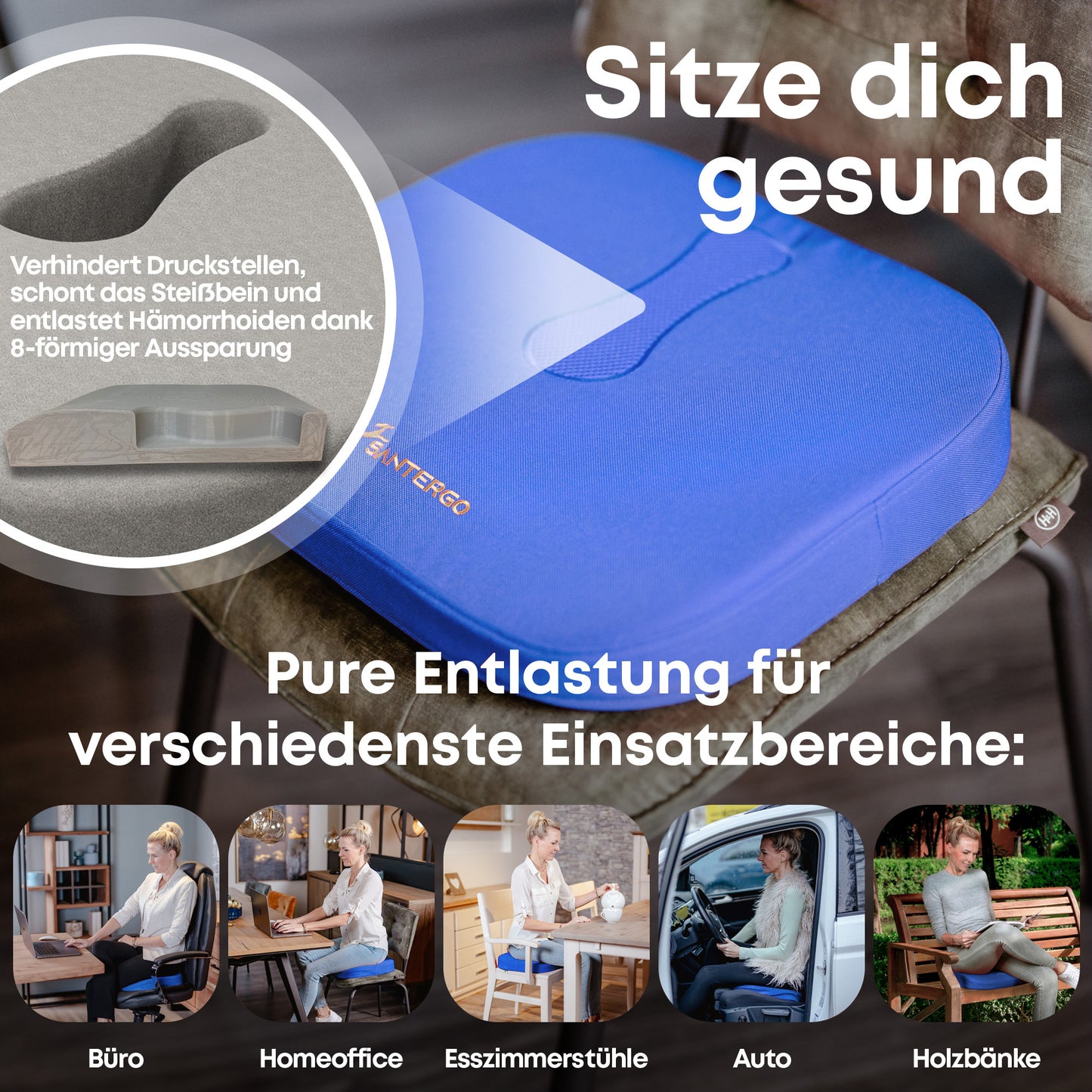 Orthopädisches PREMIUM Sitzkissen - PATENTIERT & FORMSTABIL | SANTERGO