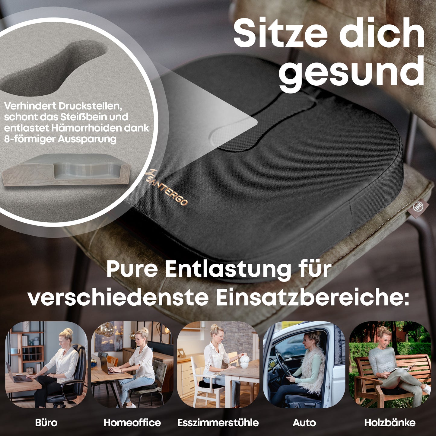 Orthopädisches PREMIUM Sitzkissen - PATENTIERT & FORMSTABIL | SANTERGO