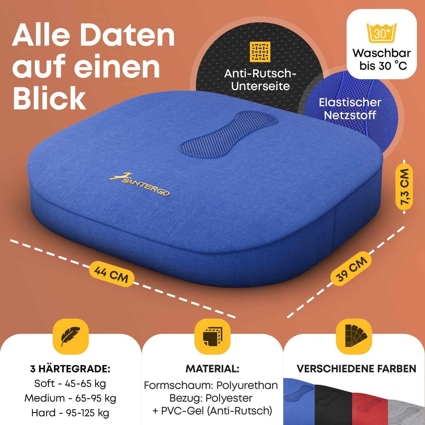 Orthopädisches PREMIUM Sitzkissen - PATENTIERT & FORMSTABIL | SANTERGO