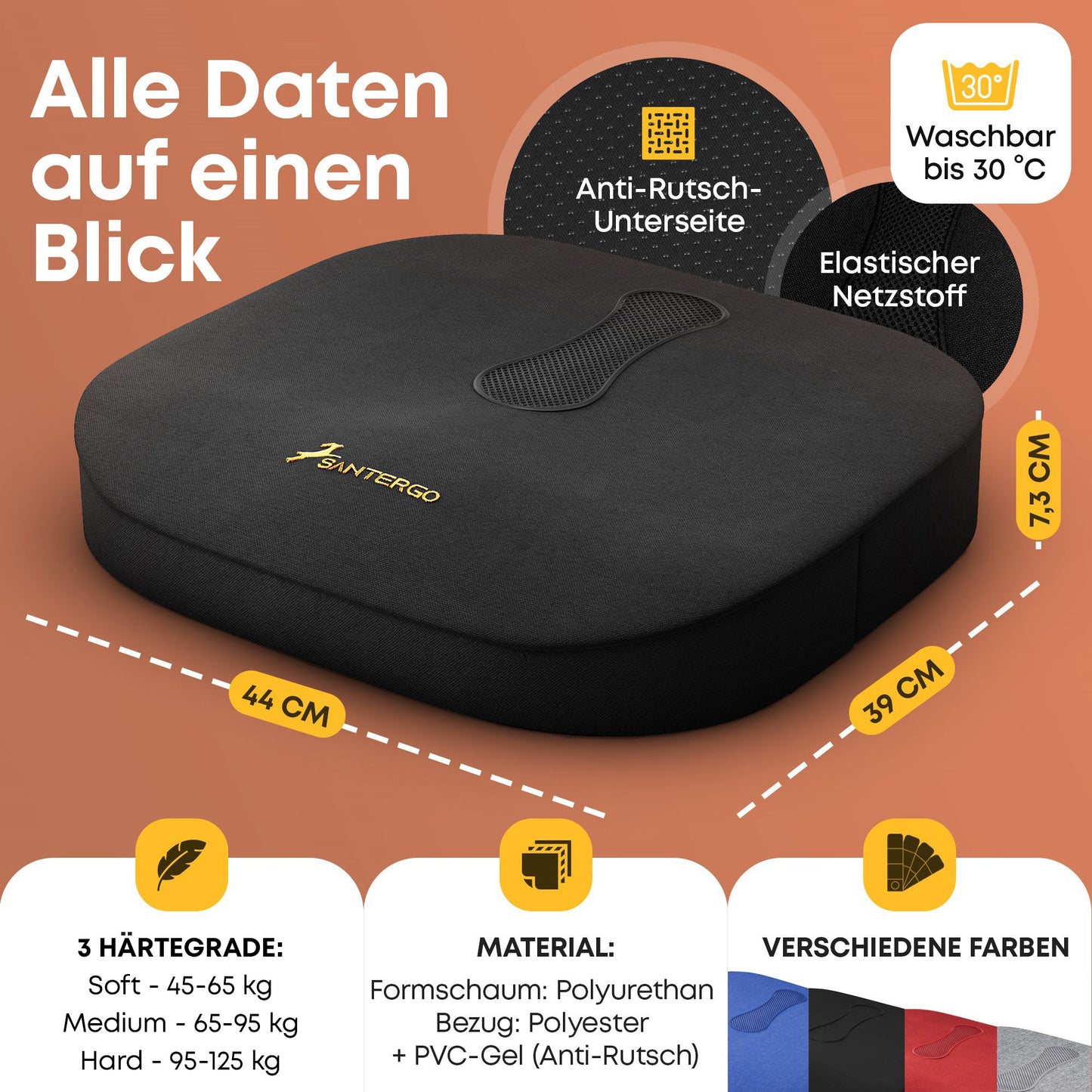 Orthopädisches PREMIUM Sitzkissen - PATENTIERT & FORMSTABIL | SANTERGO