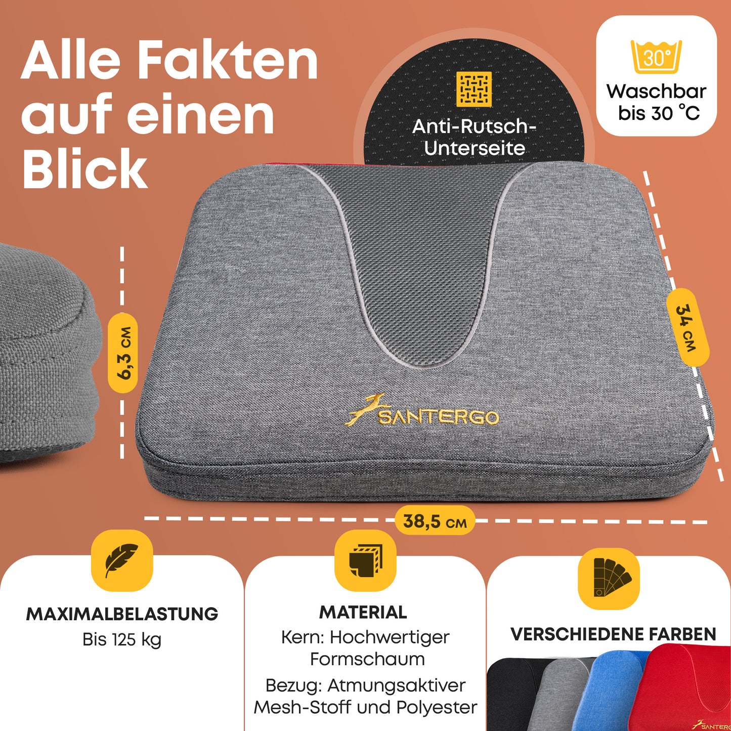 Orthopädisches REISE-Sitzkissen - PATENTIERT & FORMSTABIL | TRAVELLER | SANTERGO