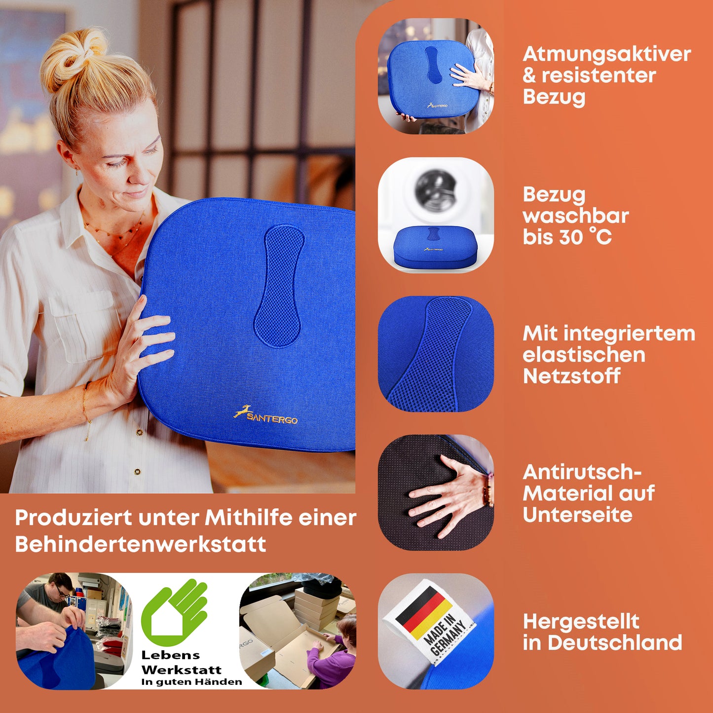 Orthopädisches PREMIUM Sitzkissen - PATENTIERT & FORMSTABIL | SANTERGO
