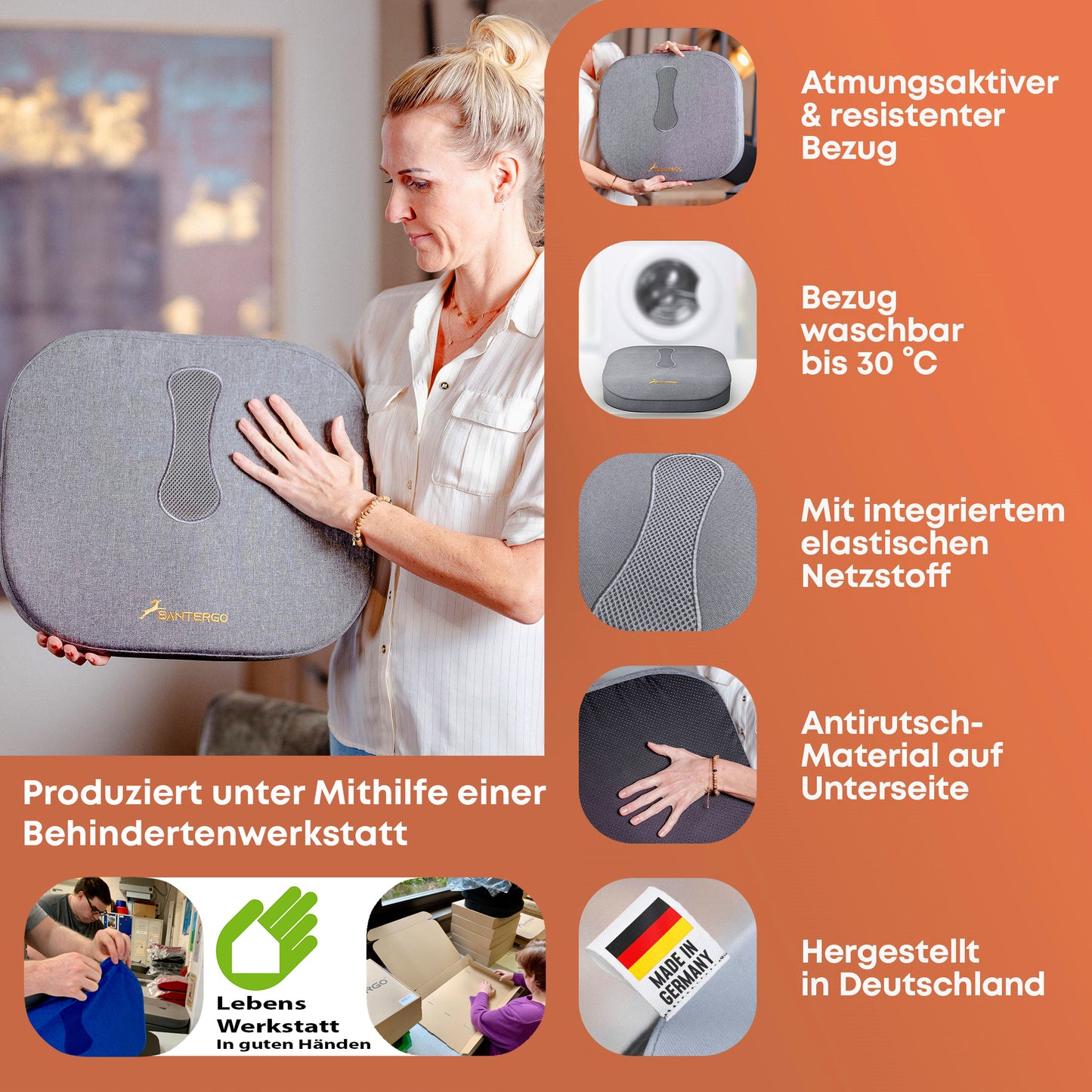 Orthopädisches PREMIUM Sitzkissen - PATENTIERT & FORMSTABIL | SANTERGO