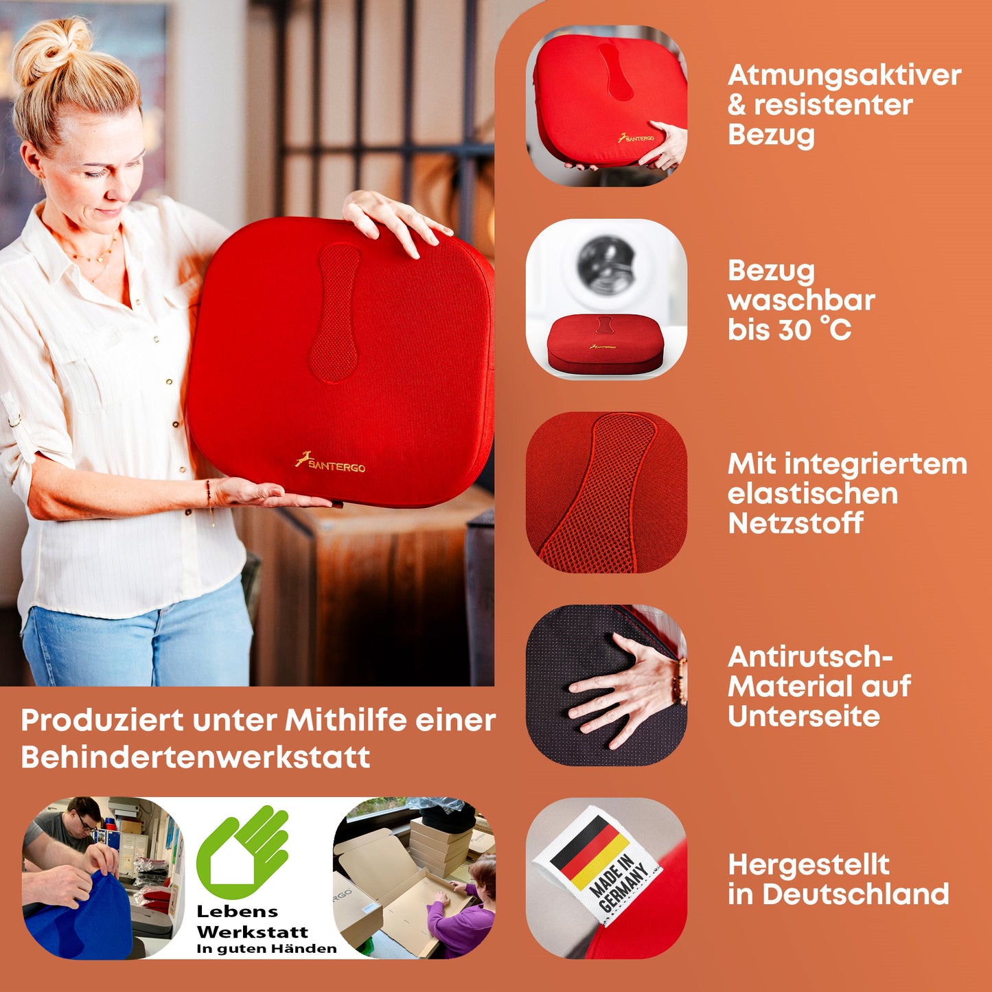 Orthopädisches PREMIUM Sitzkissen - PATENTIERT & FORMSTABIL | SANTERGO