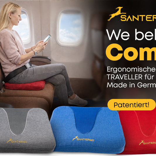 Orthopädisches REISE-Sitzkissen - PATENTIERT & FORMSTABIL | TRAVELLER | SANTERGO