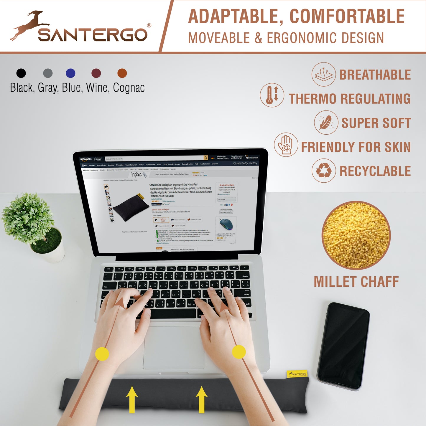 Ergonomische Handgelenkauflage Tastatur (2.0-CLASSIC) - Ökologisch und Bio | SANTERGO