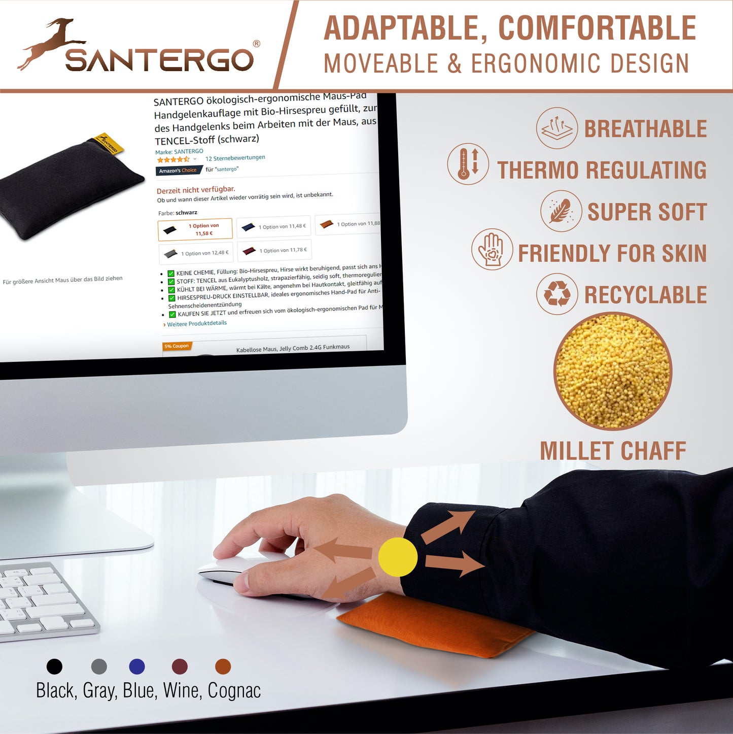 Ergonomische Handgelenkauflage Maus (2.0-CLASSIC) - Ökologisch und Bio | SANTERGO